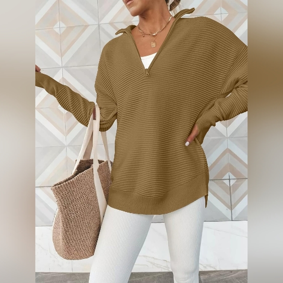 Sweaters - V-Neck Oversized Half Zip Long Sleeve Knit Top Sweater